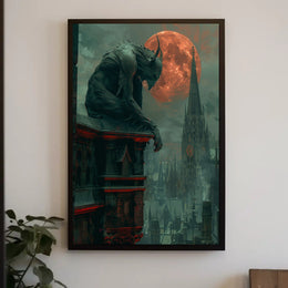 Gothic Gargoyle Overlooking Medieval City Fantasy or Mythology Poster PosterGoat