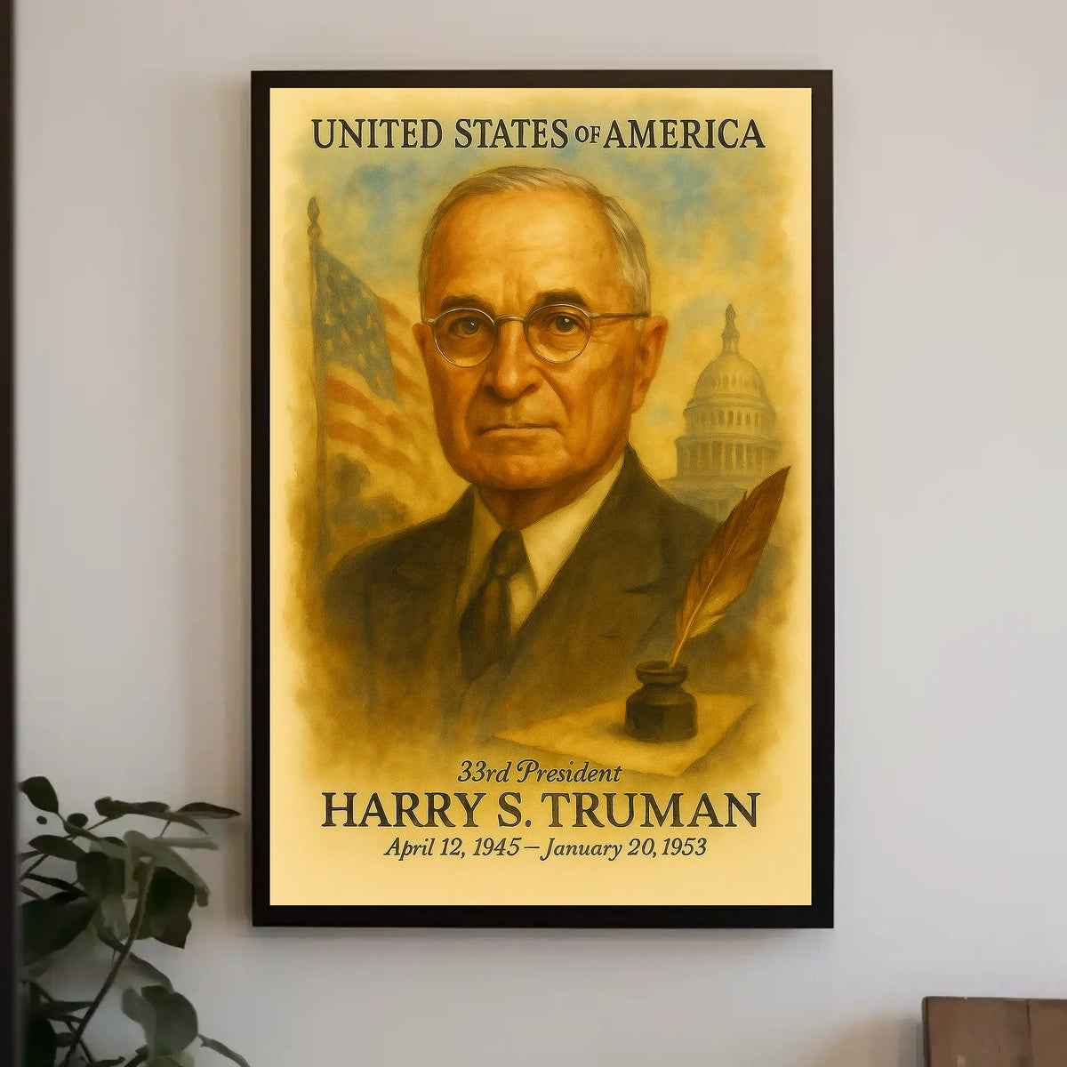 Harry S. Truman 33rd President of the United States Vintage Watercolor Poster