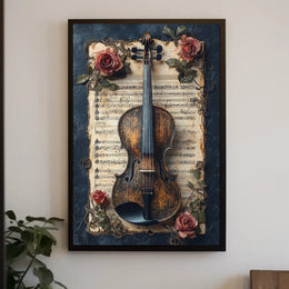 Melodic Nostalgia: Vintage Violin and Roses Artistic Poster