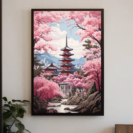 Cherry Blossom Pagoda Springtime Cultural or Heritage Poster
