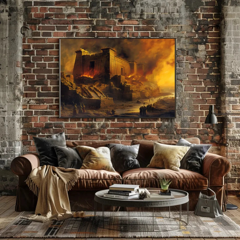 Ancient Temple Ablaze: Mythical Destruction Art Poster