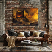 Ancient Temple Ablaze: Mythical Destruction Art Poster