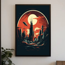 Futuristic Cityscape Under a Crimson Sky Poster