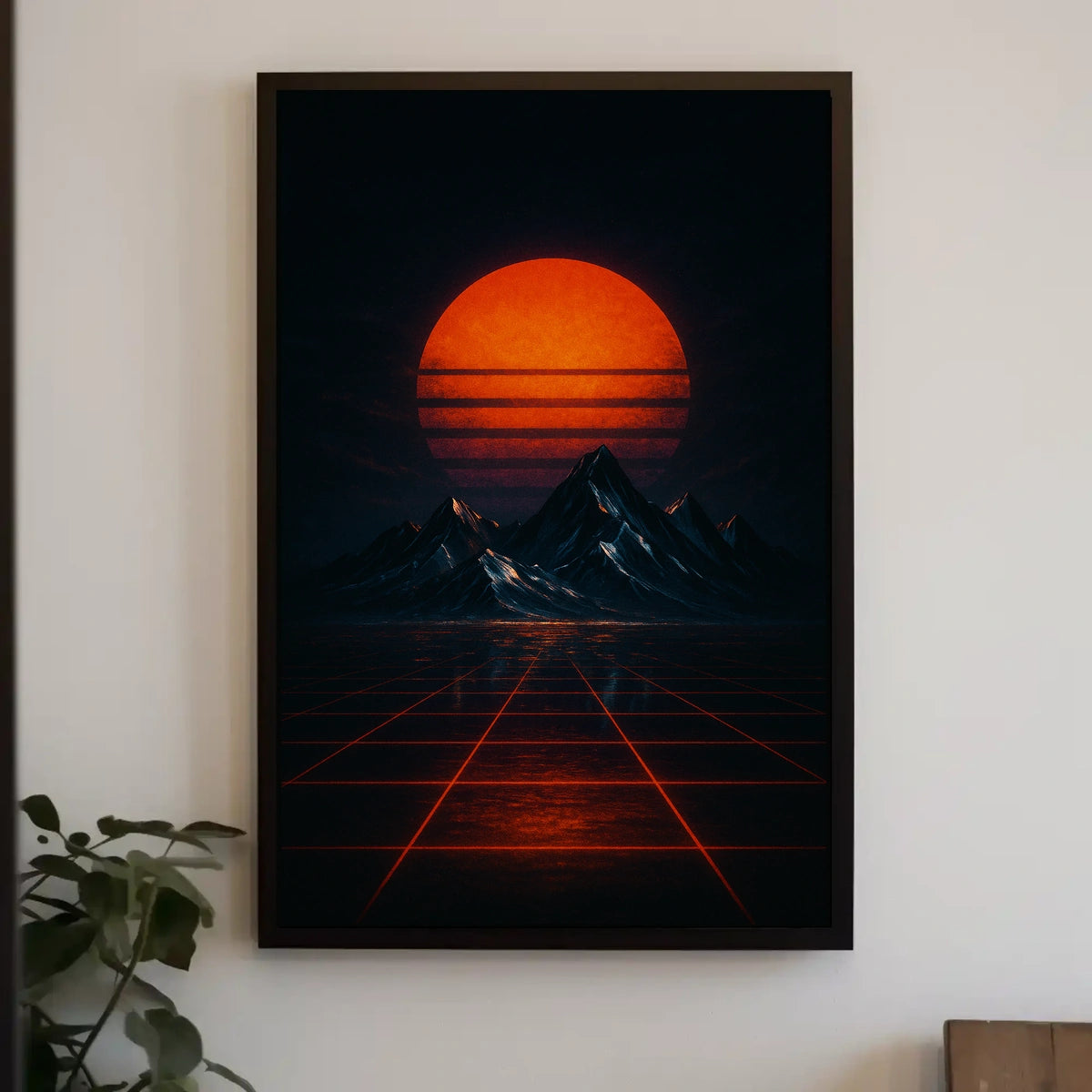Retro-Futuristic Synthwave Landscape with Glowing Sun - Futuristic Sci-Fi Poster