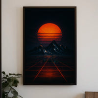 Retro-Futuristic Synthwave Landscape with Glowing Sun - Futuristic Sci-Fi Poster