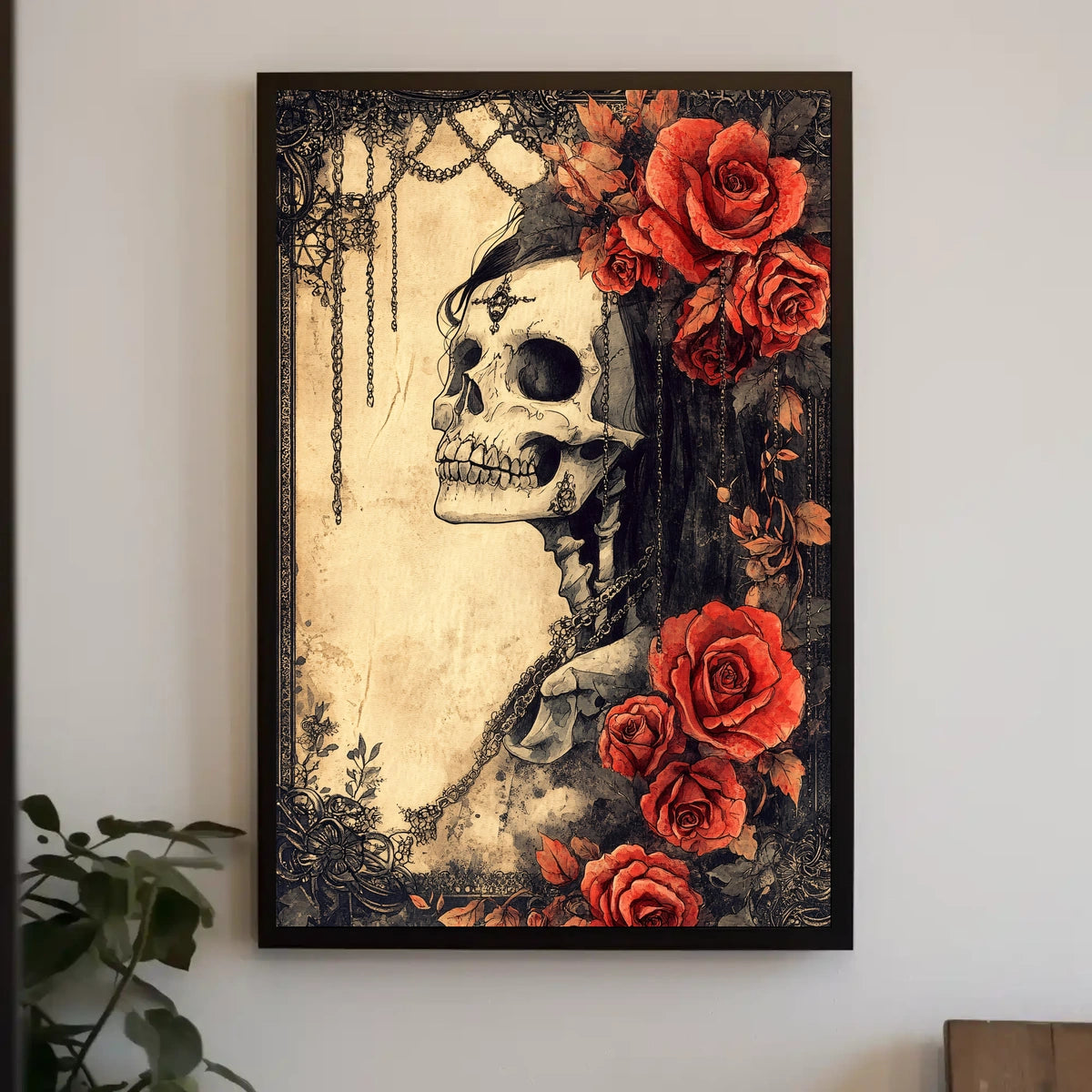 Gothic Skull and Roses: Abstract, Artistic, or Pop Culture Poster