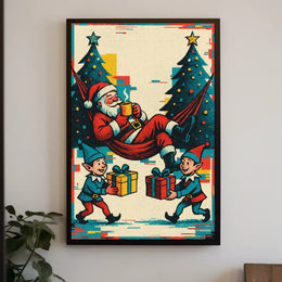 Festive Santa and Elves Vintage Christmas Poster