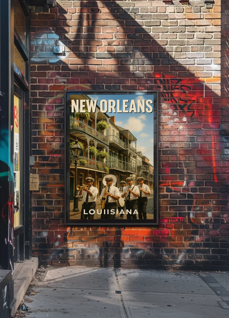 New Orleans Louisiana Jazz Band Balcony Buildings Travel Poster