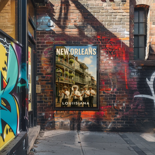 New Orleans Louisiana Jazz Band Balcony Buildings Travel Poster