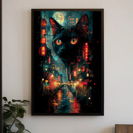 Surreal Cityscape Poster with Floating Black Cat