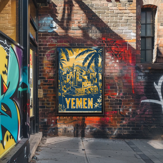 Yemen Sunset Palms and Architecture Travel Poster