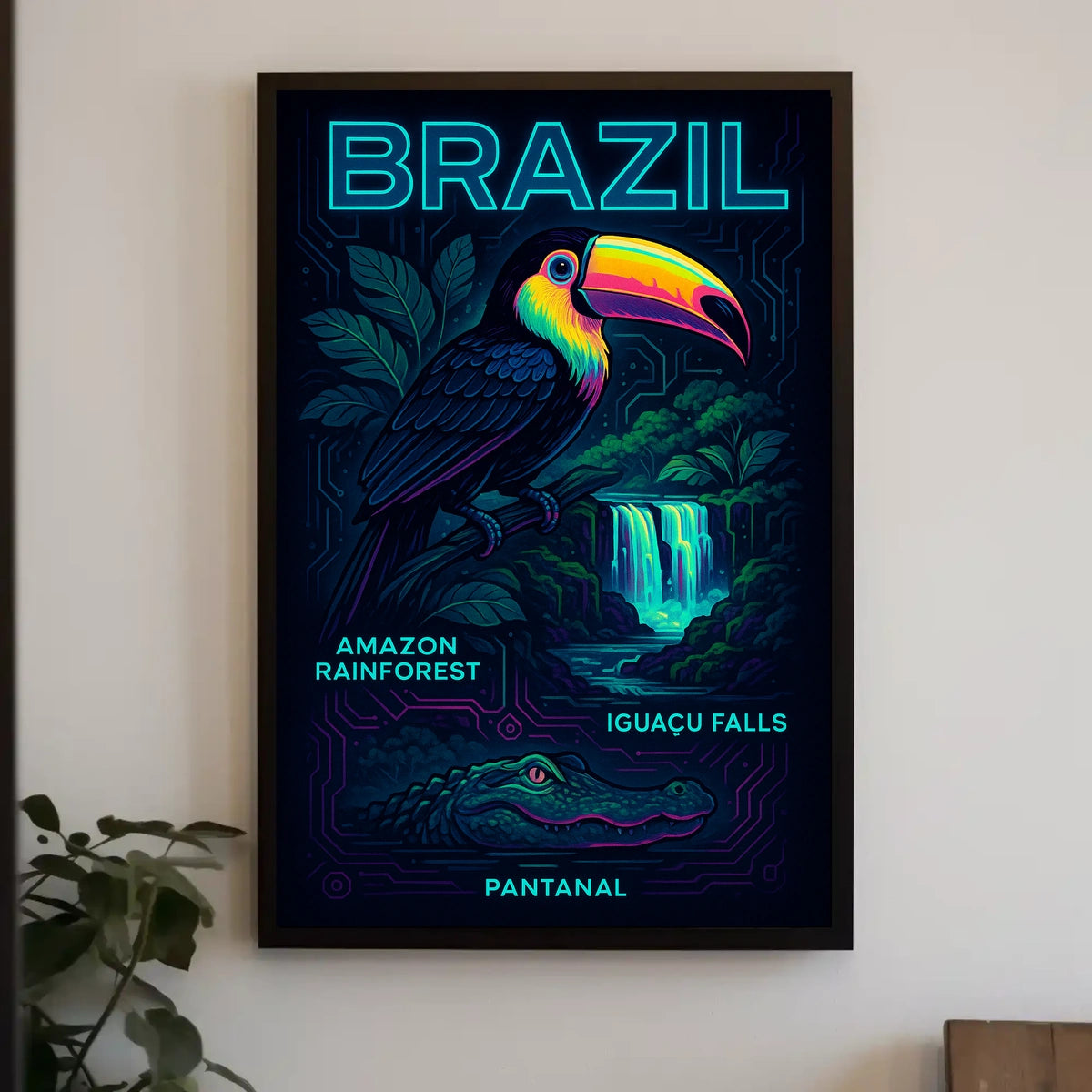 Brazilian Wildlife Adventure: Neon Rainforest Art Poster