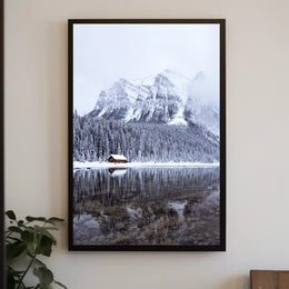 Serene Winter Mountain Cabin Landscape Poster