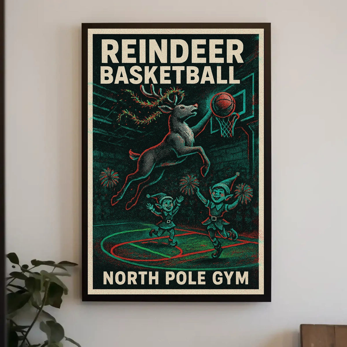 Reindeer Basketball Hoops Vintage Sports Poster