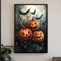 Halloween Jack-o'-lantern Bats Gathering Art Print Poster