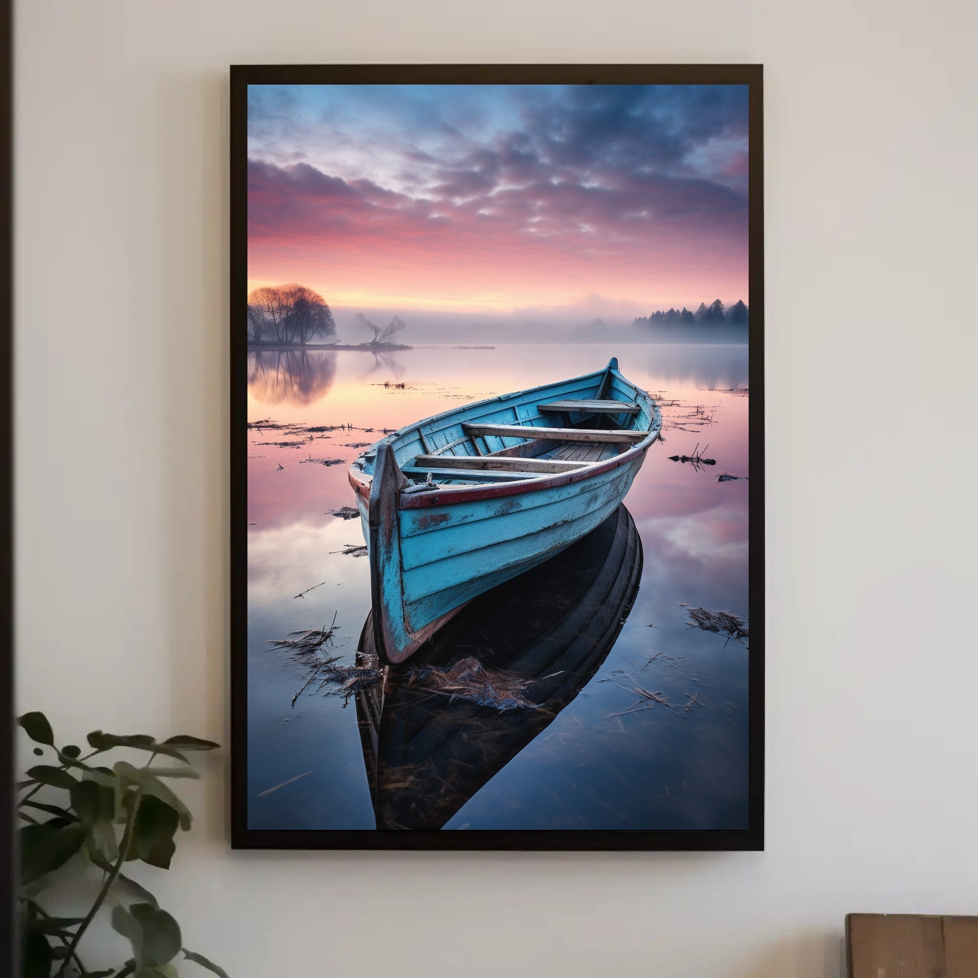 Solitary Wooden Boat on Serene Lake - Artistic Poster