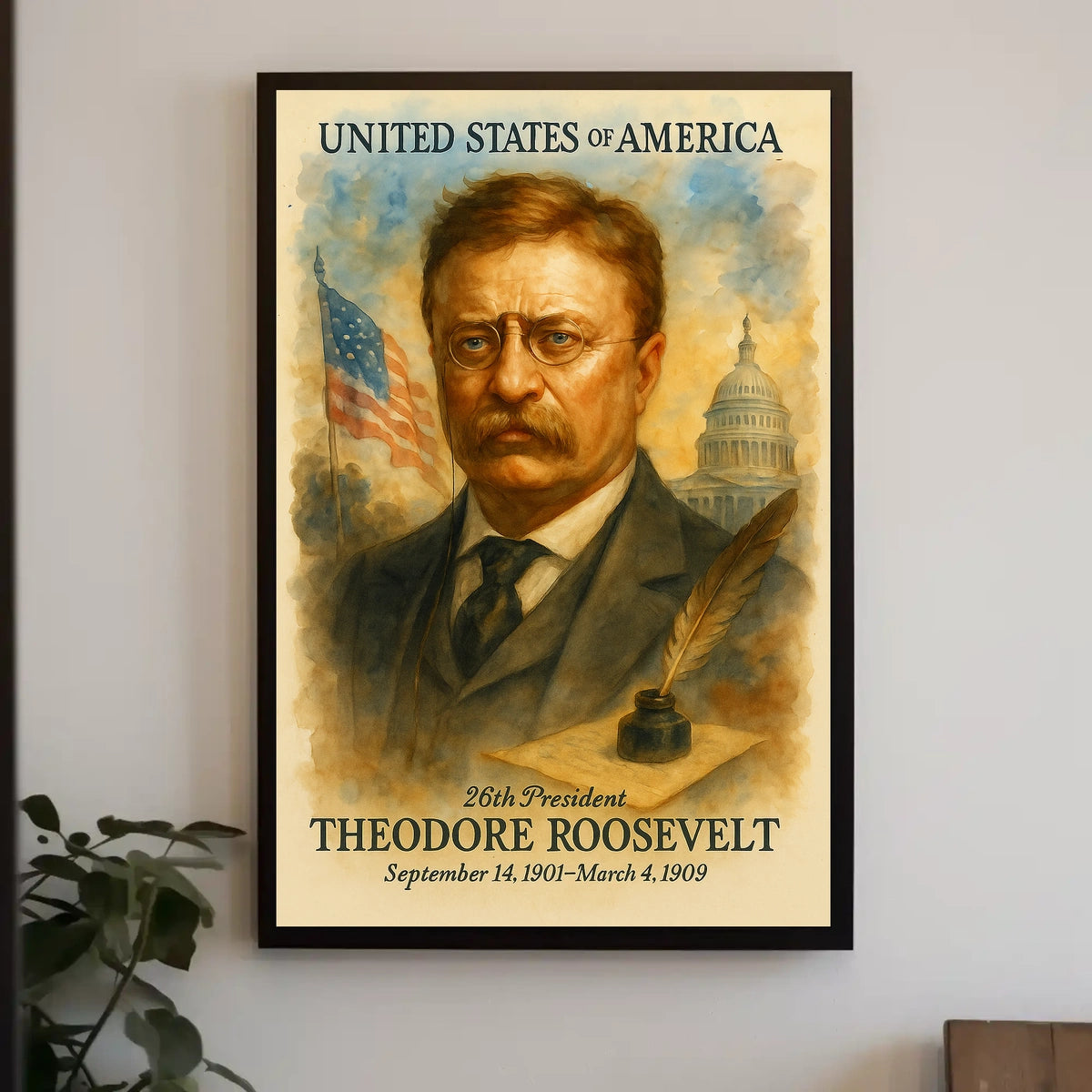 Theodore Roosevelt 26th President of the United States Vintage Watercolor Poster
