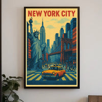 New York City Skyline Landmarks Poster Retro Wall Art