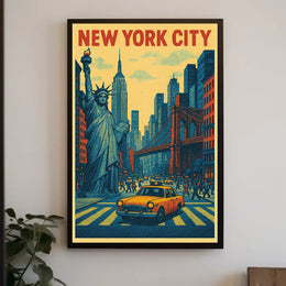 New York City Skyline Landmarks Poster Retro Wall Art