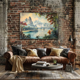 Serene Asian Landscape with Misty Mountains Poster