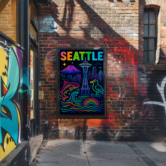 Seattle Washington Space Needle Neon Skyline Poster Poster