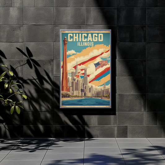 Chicago Illinois Skyline American Flag Cityscape Vintage Travel Poster