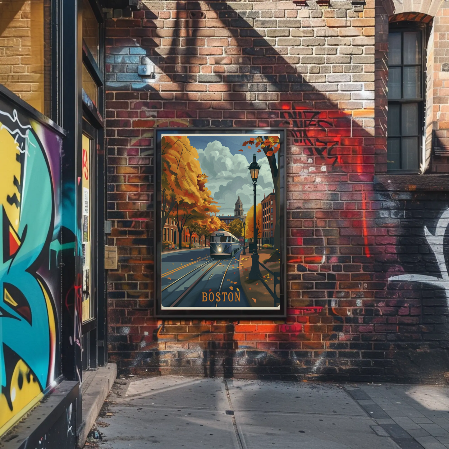 Boston Autumn Streetcar Leaves Trees Travel Poster