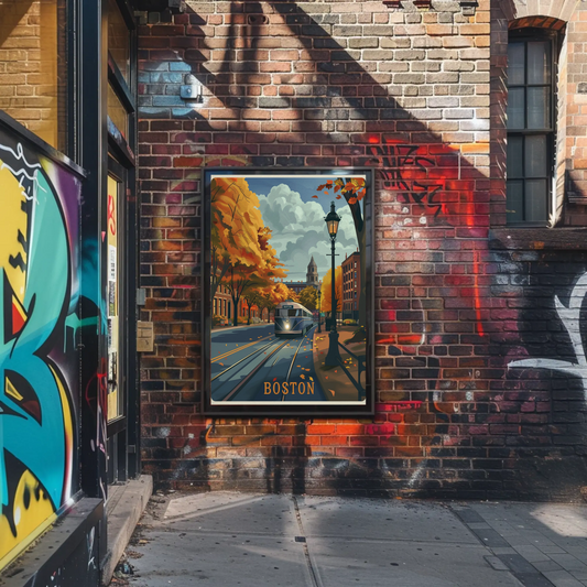 Boston Autumn Streetcar Leaves Trees Travel Poster