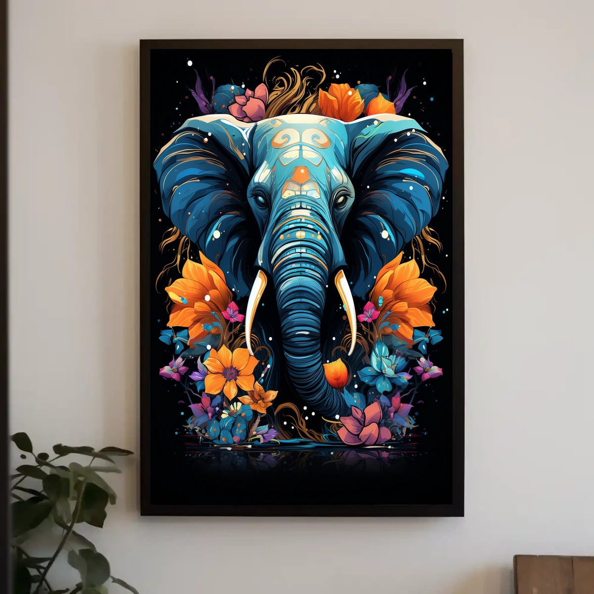 Vibrant Elephant Art Poster with Floral Patterns