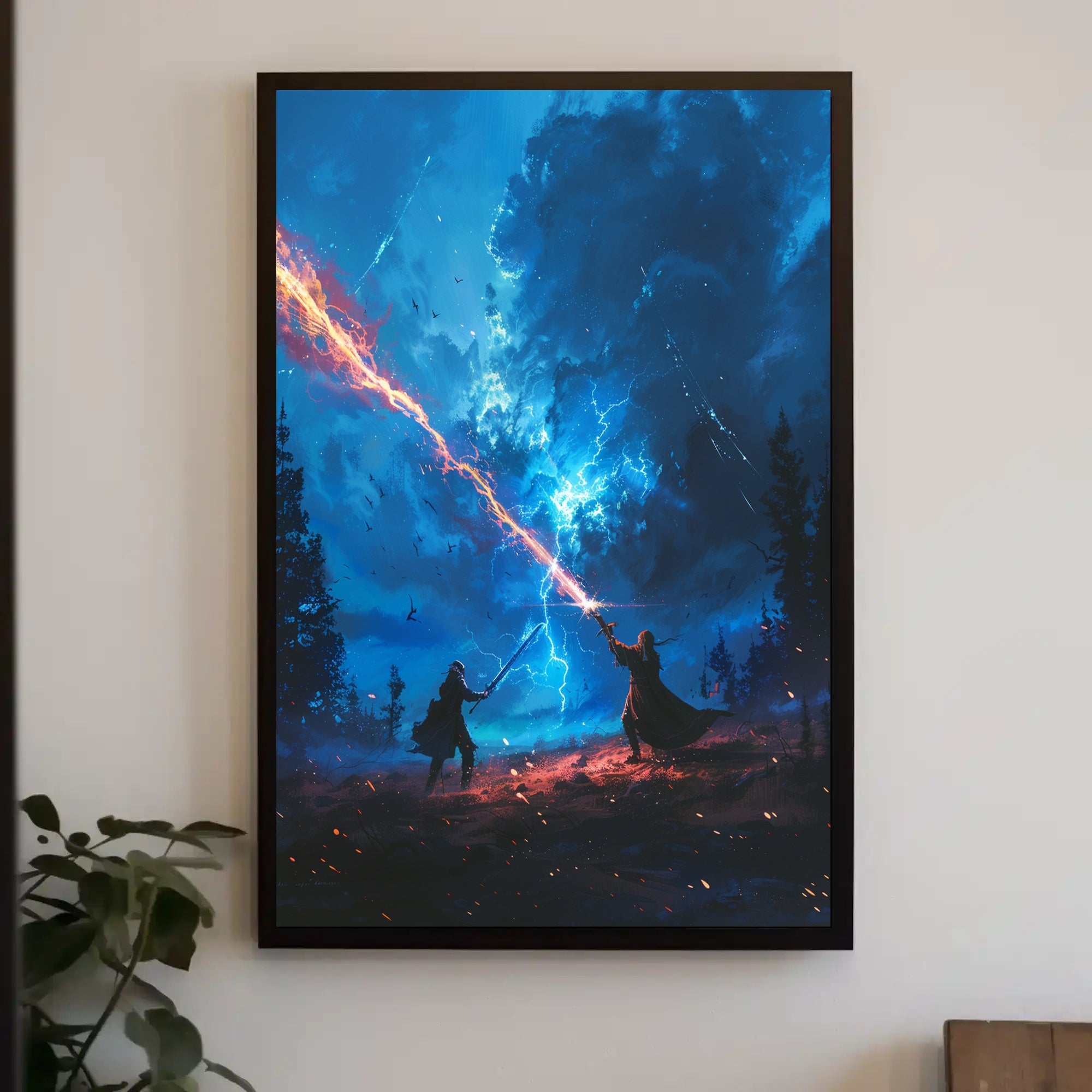 Epic Fantasy Duel: Mystical Battle Night Sky Poster PosterGoat