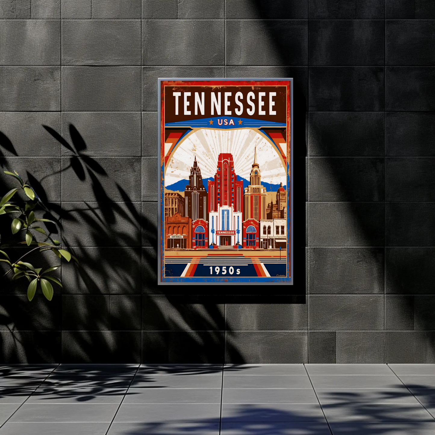 Tennessee USA 1950s Music City Skyline Travel Poster