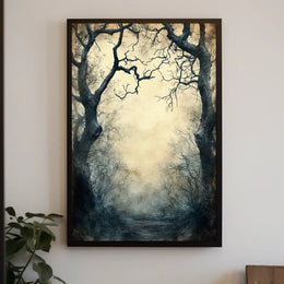 Enchanted Gnarled Trees in Misty Forest - Artistic Poster