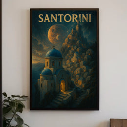 Santorini Dreamscape Planetary Backdrop Surrealism Poster