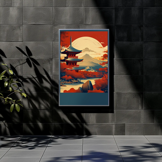 Mount Fuji Pagoda Japan Landscape Vintage Travel Poster