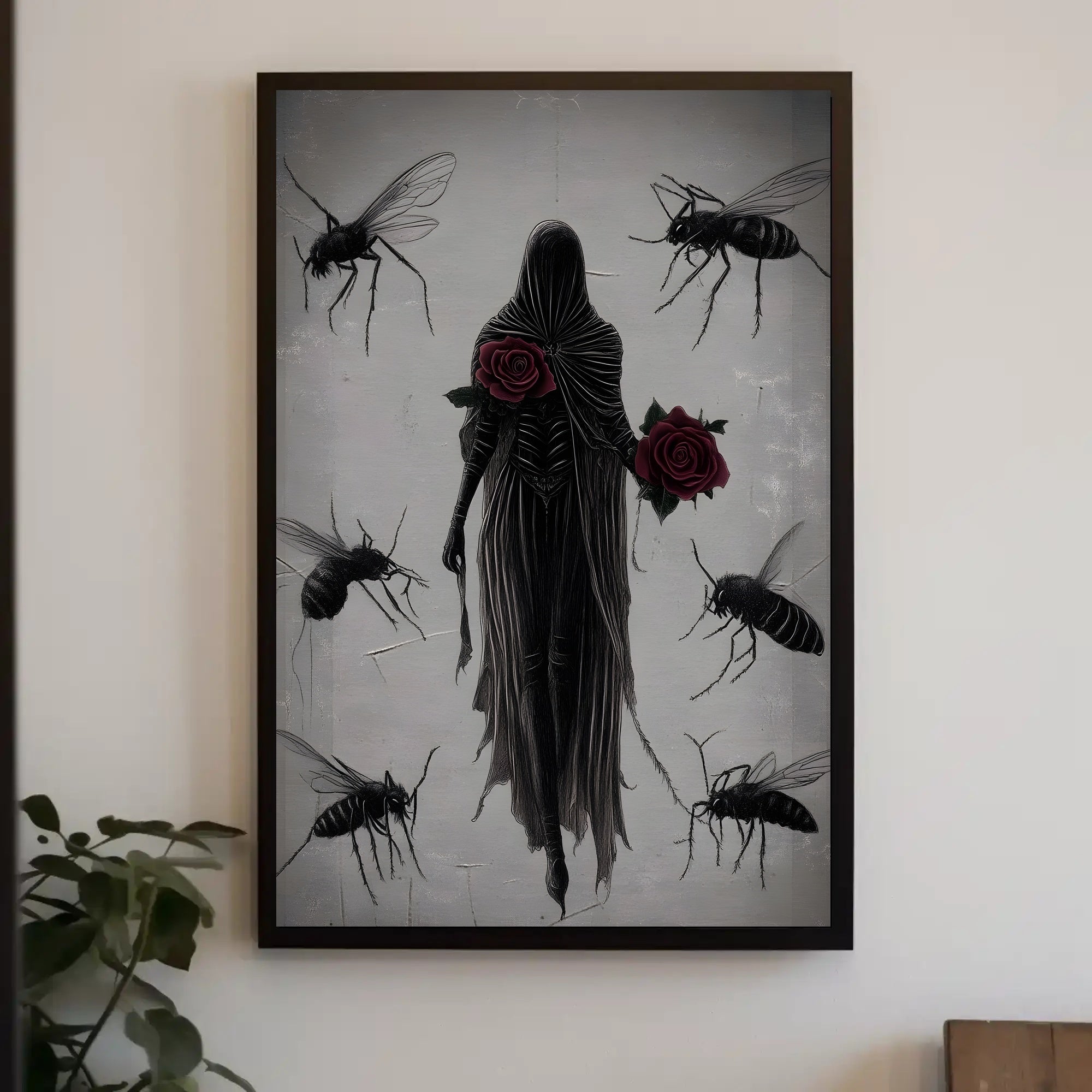 Mysterious Hooded Figure with Red Rose Artistic Poster PosterGoat