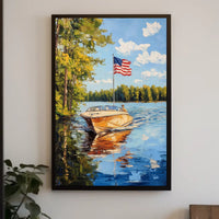 Boat On A Calm Lake With American Flag Scenic Poster