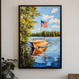 Boat On A Calm Lake With American Flag Scenic Poster