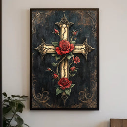 Ornate Cross with Roses Christian Spiritual Cultural Heritage Poster