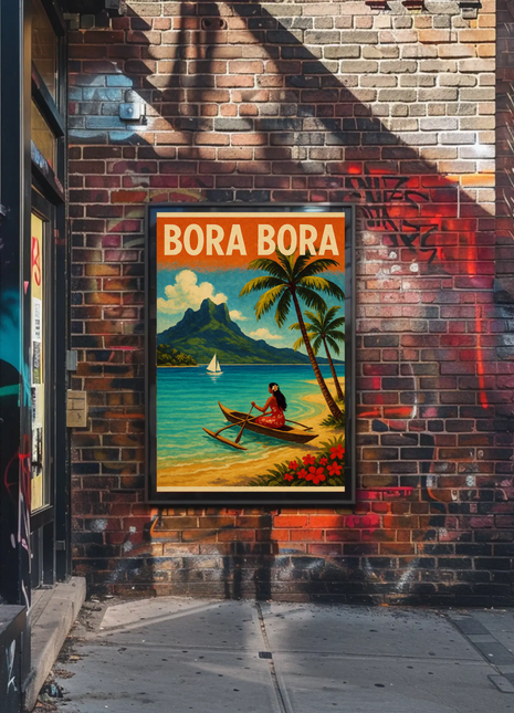 Bora Bora Outrigger Canoe Island Mountain Travel Poster