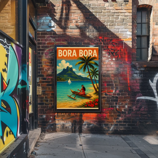 Bora Bora Outrigger Canoe Island Mountain Travel Poster