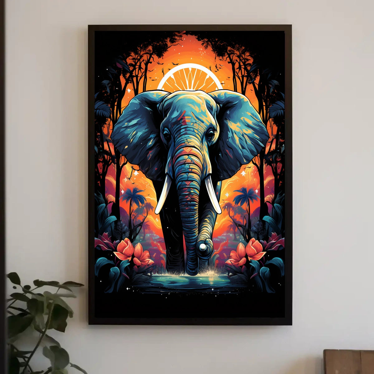Majestic Elephant Jungle Sunset Art Poster