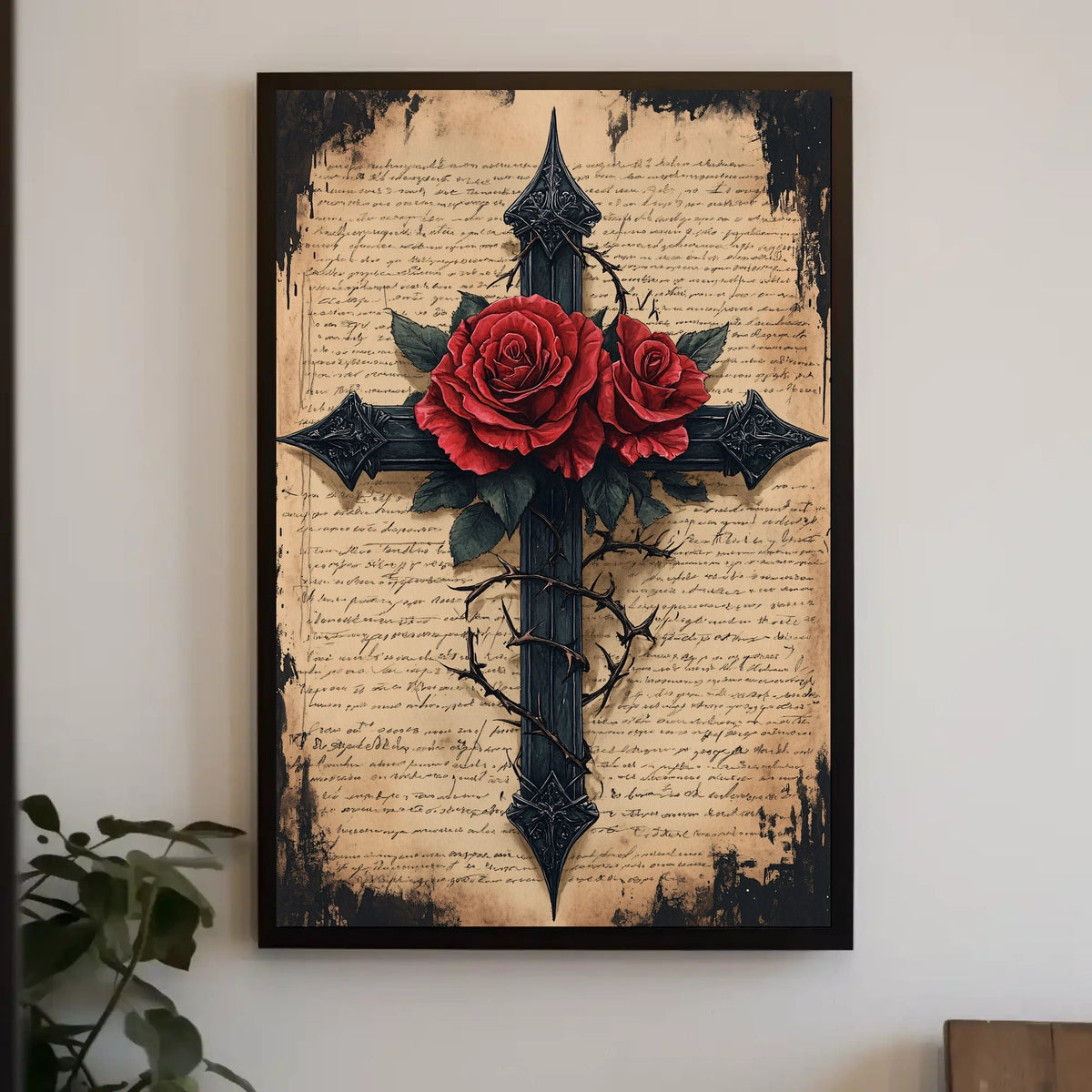 Gothic Cross with Red Roses Artistic Wall Decor Poster