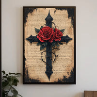 Gothic Cross with Red Roses Artistic Wall Decor Poster