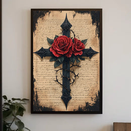 Gothic Cross with Red Roses Artistic Wall Decor Poster