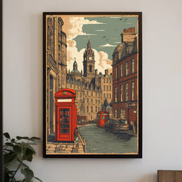 Vintage Cityscape with Red Telephone Booth Poster