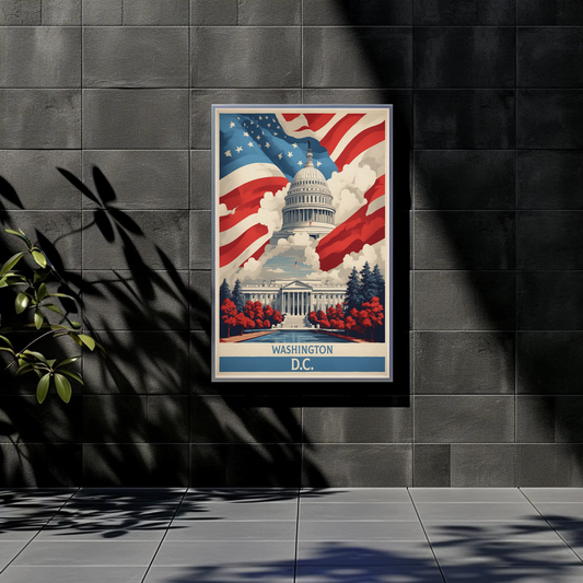 Washington D.C. Capitol American Flag Clouds Vintage Travel Poster