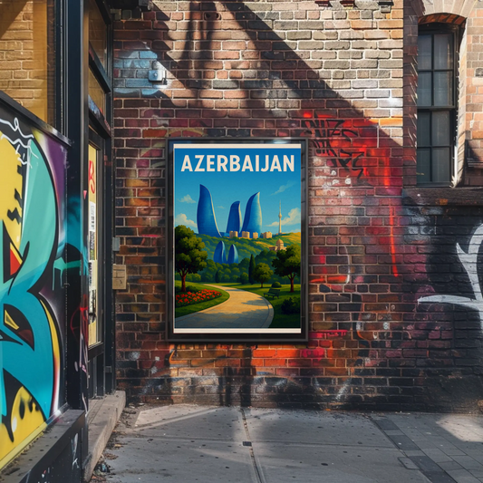 Azerbaijan Baku Flame Towers Park Path Travel Poster