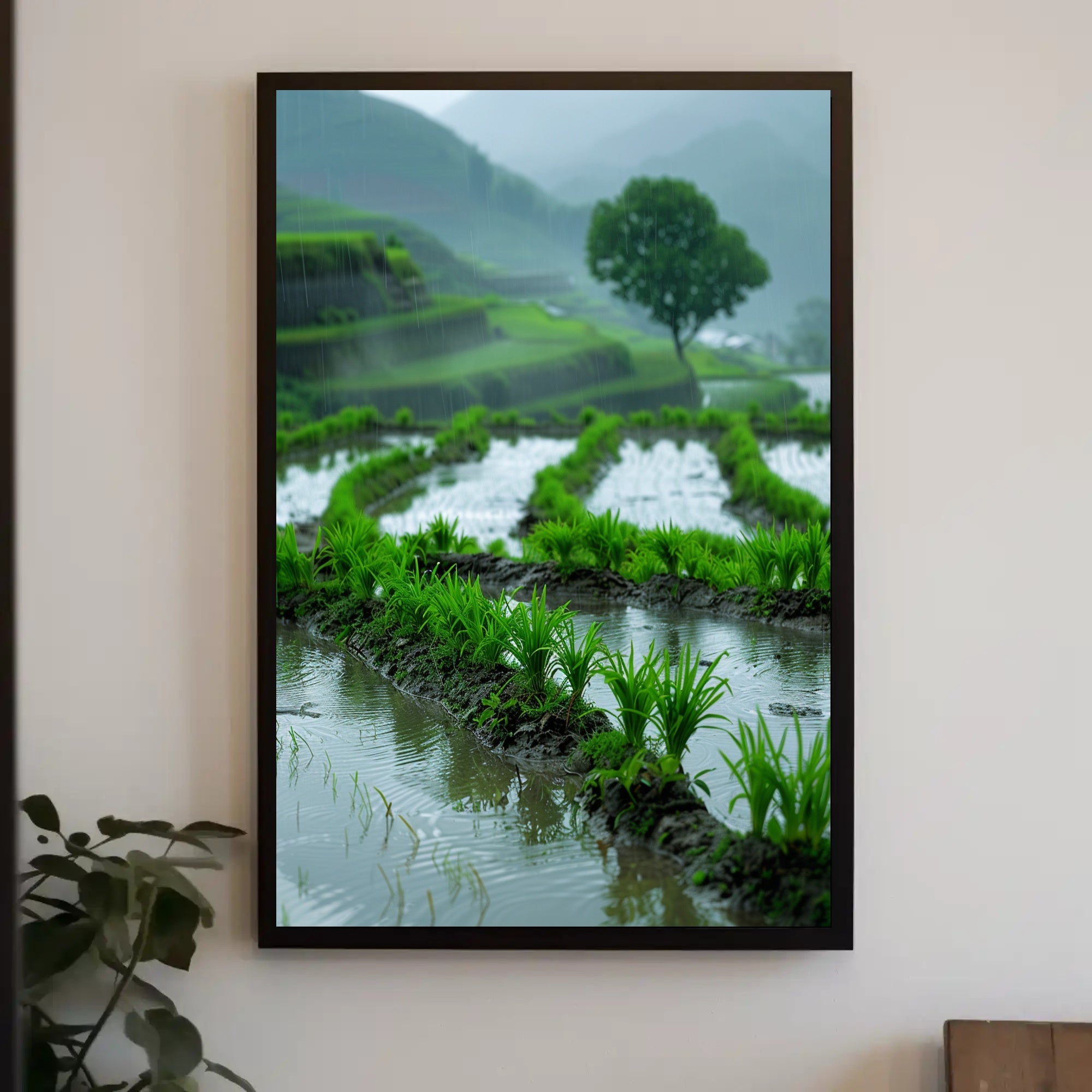 Peaceful Terraced Rice Paddies in Rainy Rural Landscape Poster PosterGoat