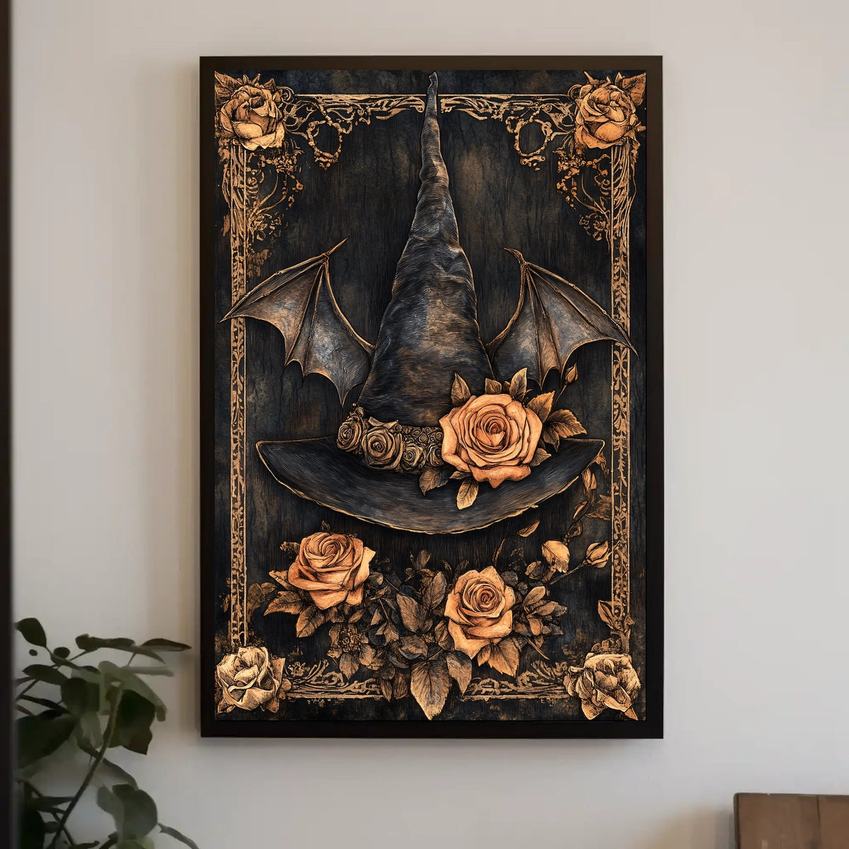 The poster features a central image of a witch's hat adorned with roses. Travel Poster