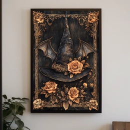 The poster features a central image of a witch's hat adorned with roses. Travel Poster